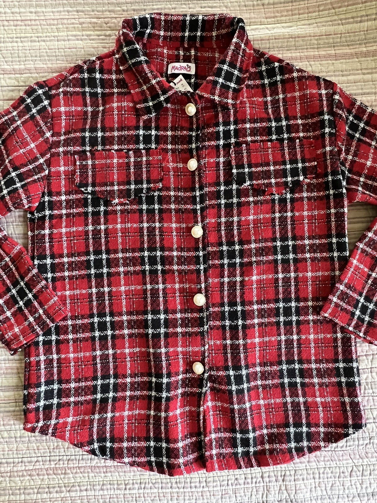 MadRag Women’s Plaid Shirt Coat Sz M Pearls Button