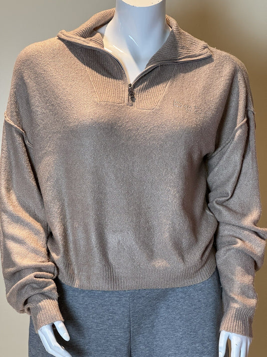 Bebe Size L Long Sleeve Fuzzy Rhinestone Logo Nude Beige Sweater (70)