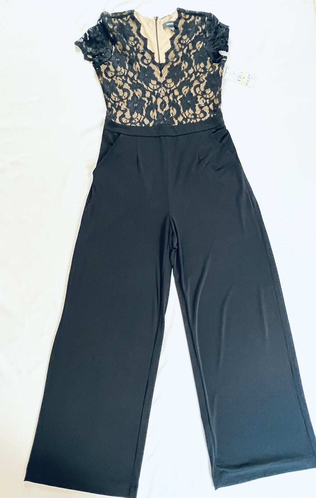 Karen Kane Women Black Stretch V-Neck Lace-Bodice Wide-Leg Jumpsuit Size S