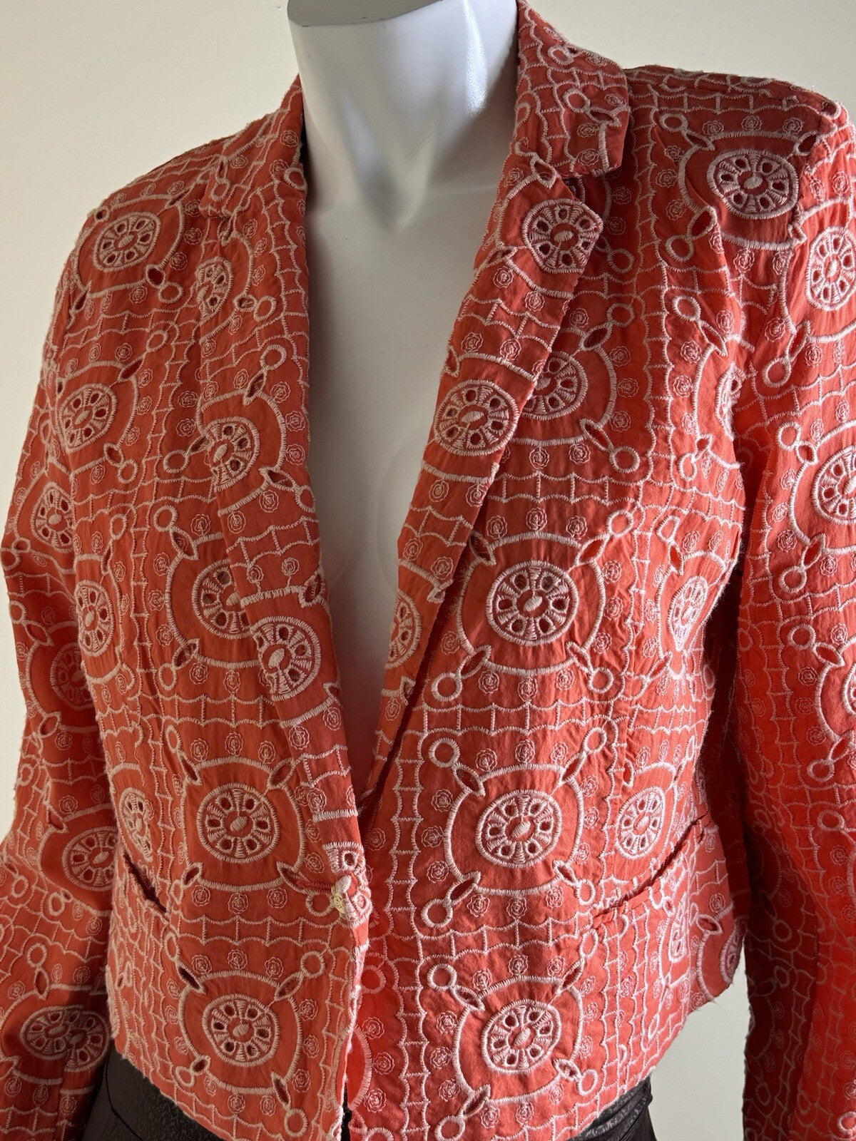 $159 Sam Edelman Women's Orange Leia Cotton Eyelet Crop Blazer Sz M  (B.85)