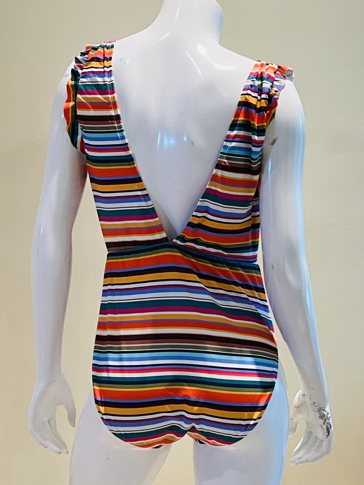 CATALINA Multi Color Striped Ruffle Arm Deep V-Back One Piece Swimsuit Sz M