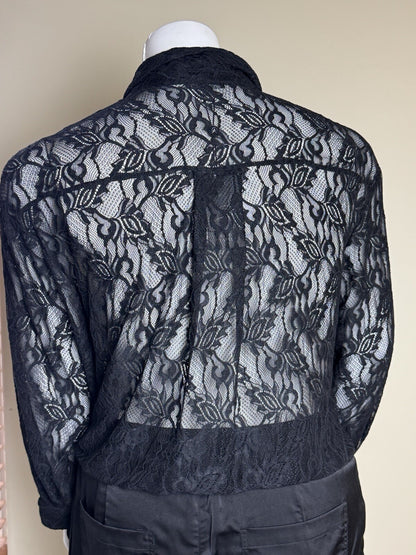 $89 Adrianna Papell Black Lace Long Sleeve Blouse Sz L. (B.138)