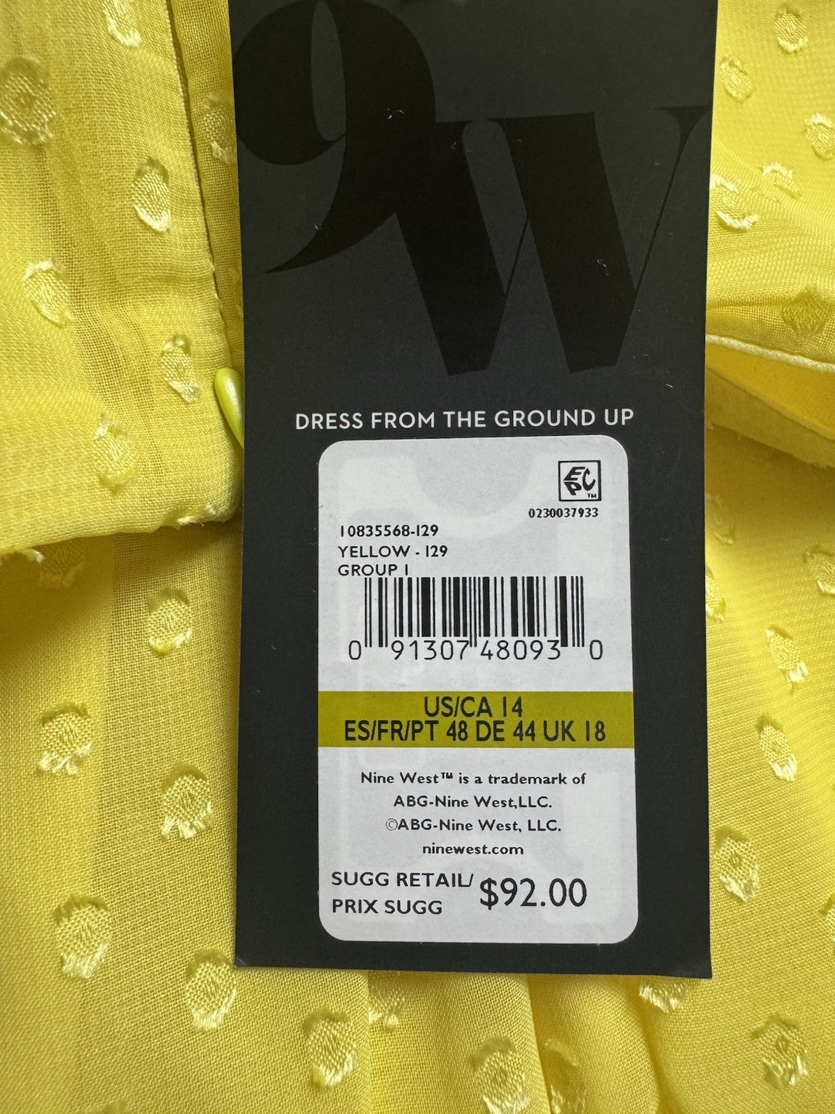 $92 Nine West Yellow Dress Sz 14.  (B.111)