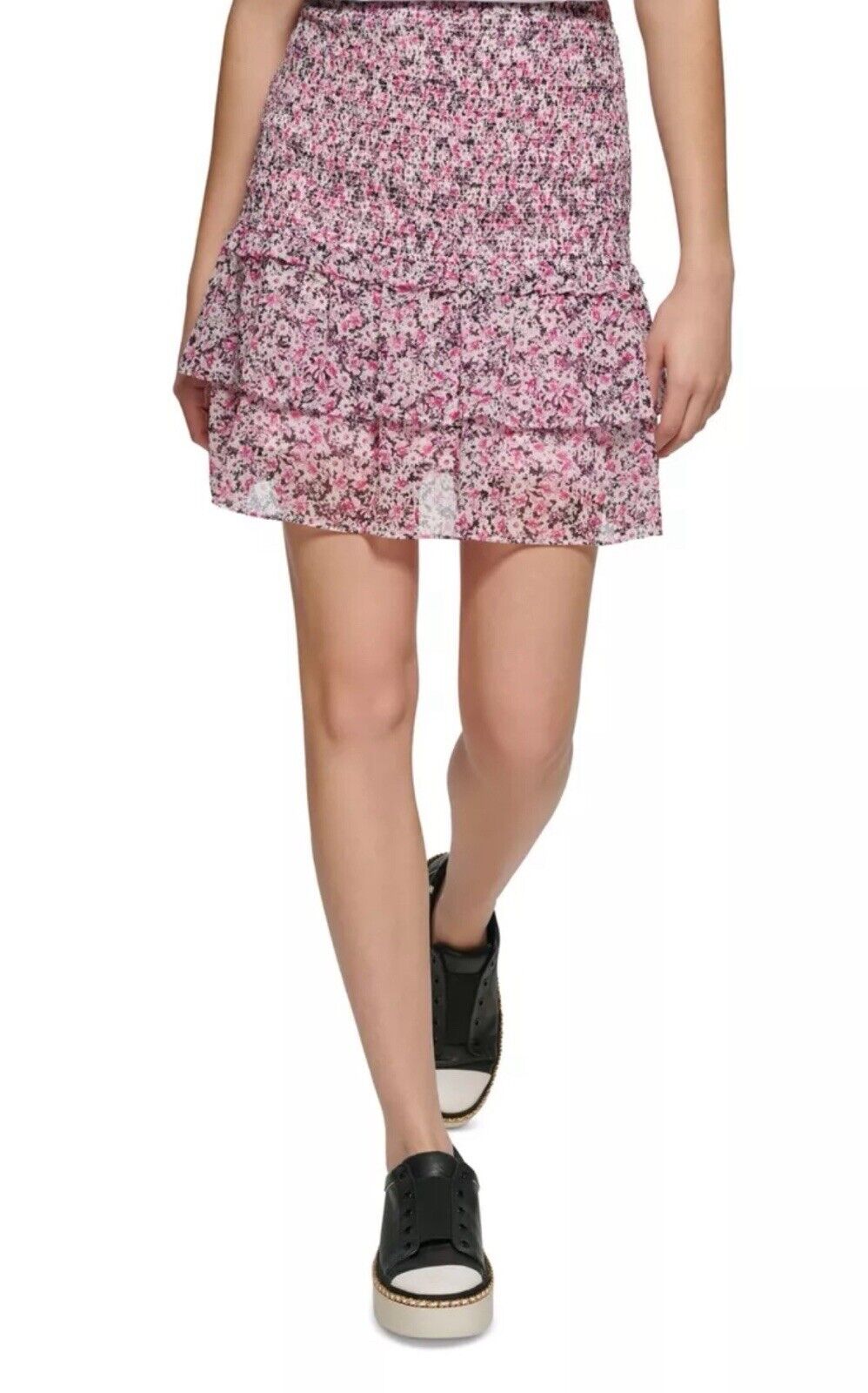 KARL LAGERFELD PARIS Ruffle Skirt Women's Sz M Pink Multicolor Floral.  (B.05)