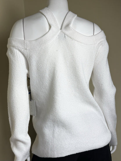 Back of 1.STATE white sweater showing halter straps and open shoulders