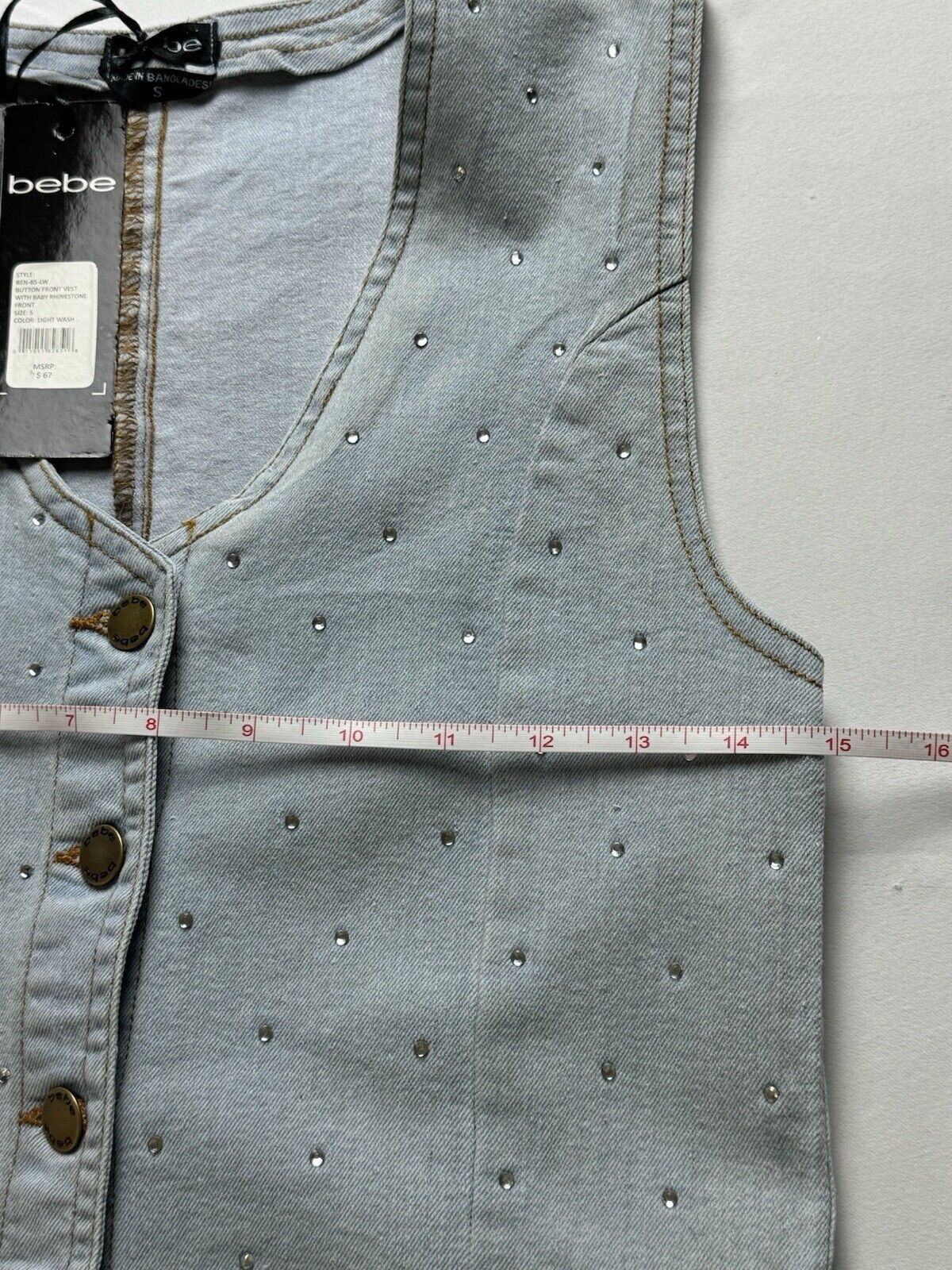 $67 bebe Women’s Rhinestone Vest Sleeveless Denim Sz S. (B.53)