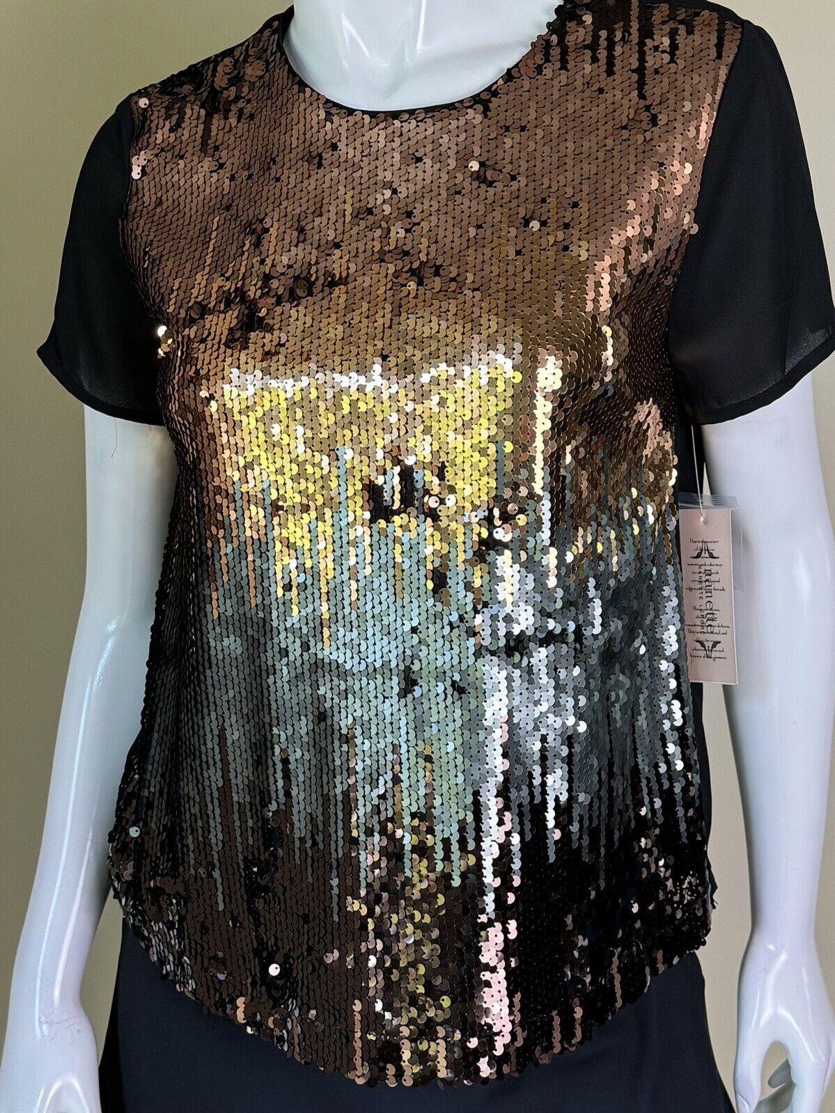 Nanette Lepore Women's Bronze Sequin Black Short Sleeve Blouse Sz S