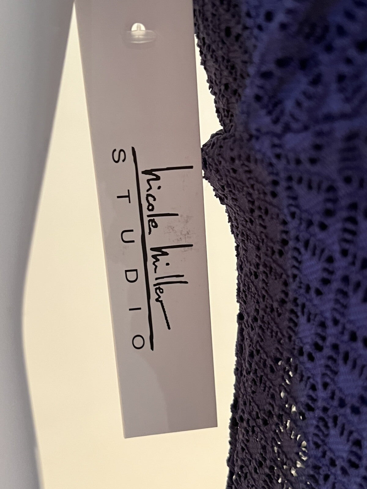 $98 Nicole Miller One Pc Swimsuit Navy Blue net Sz M swim dress Bathing suit