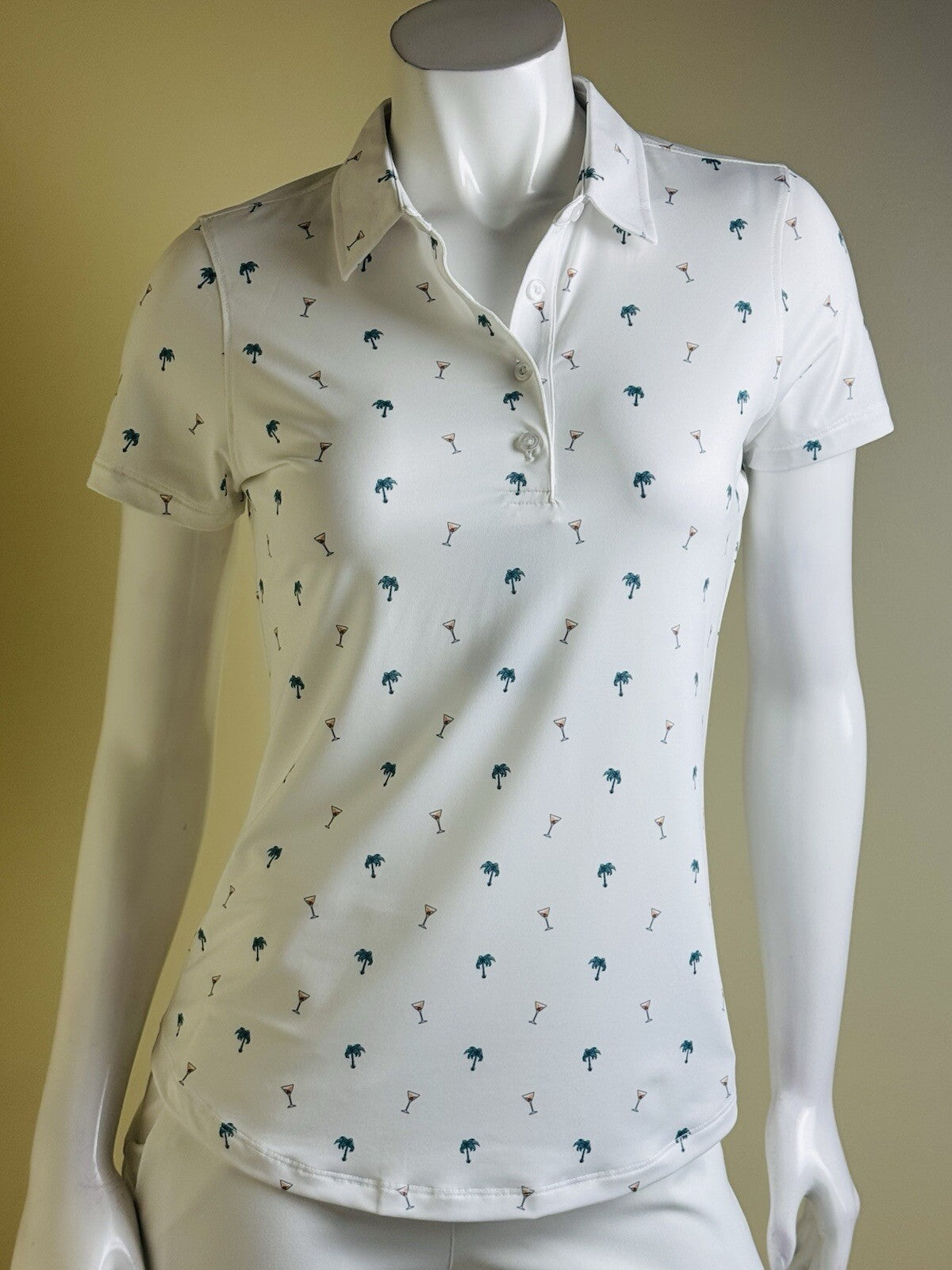 Straight Down Women's Martinis / Palms Print Golf shirt Sz S.  (B.134)