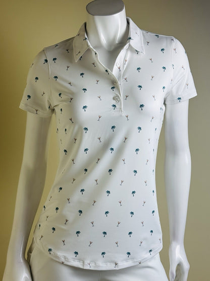 Straight Down Women's Martinis / Palms Print Golf shirt Sz S.  (B.134)