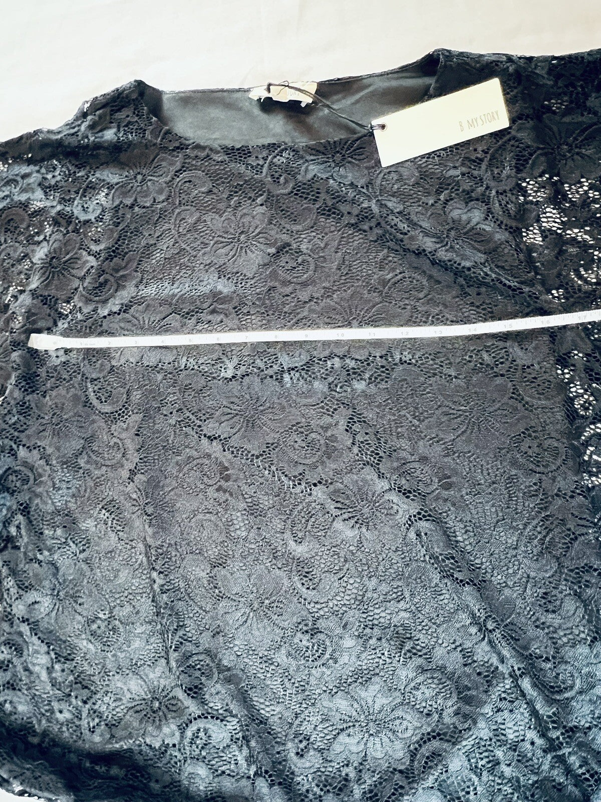 B My Story Women’s Blouse Black Crocheted Lace Size L Kimono Sleeve