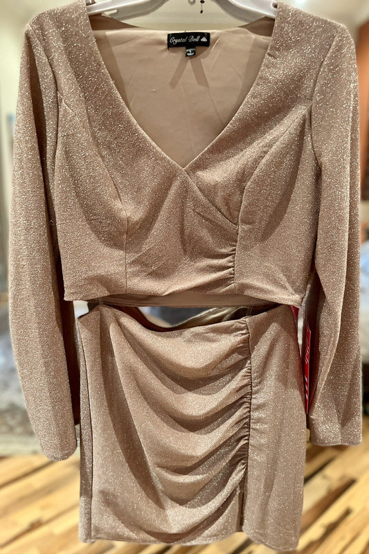 Crystal Doll Women’s 2 Piece Long Sleeve Top Skirt Sparkly Silver-Gold Size L