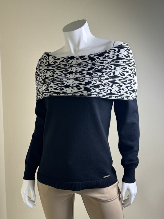 $99 Anne Klein Women's Black and White Off Shoulder Sweater Size S    (B.116)