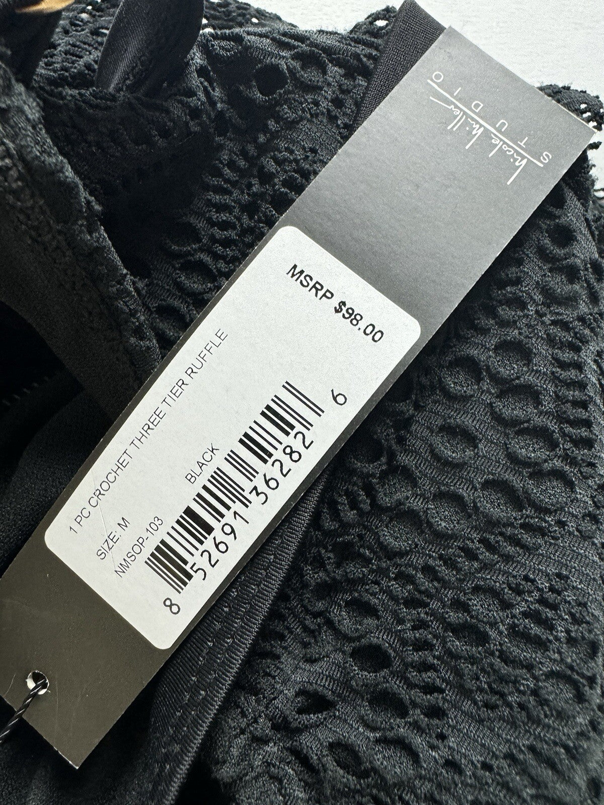 $98 Nicole Miller One Pc Swimsuit Black Crochet Sz M Bathing suit (B.53)