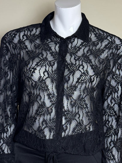 $89 Adrianna Papell Black Lace Long Sleeve Blouse Sz L. (B.138)