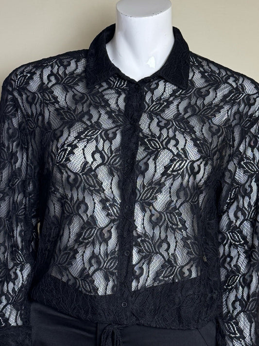 $89 Adrianna Papell Black Lace Long Sleeve Blouse Sz L. (B.138)