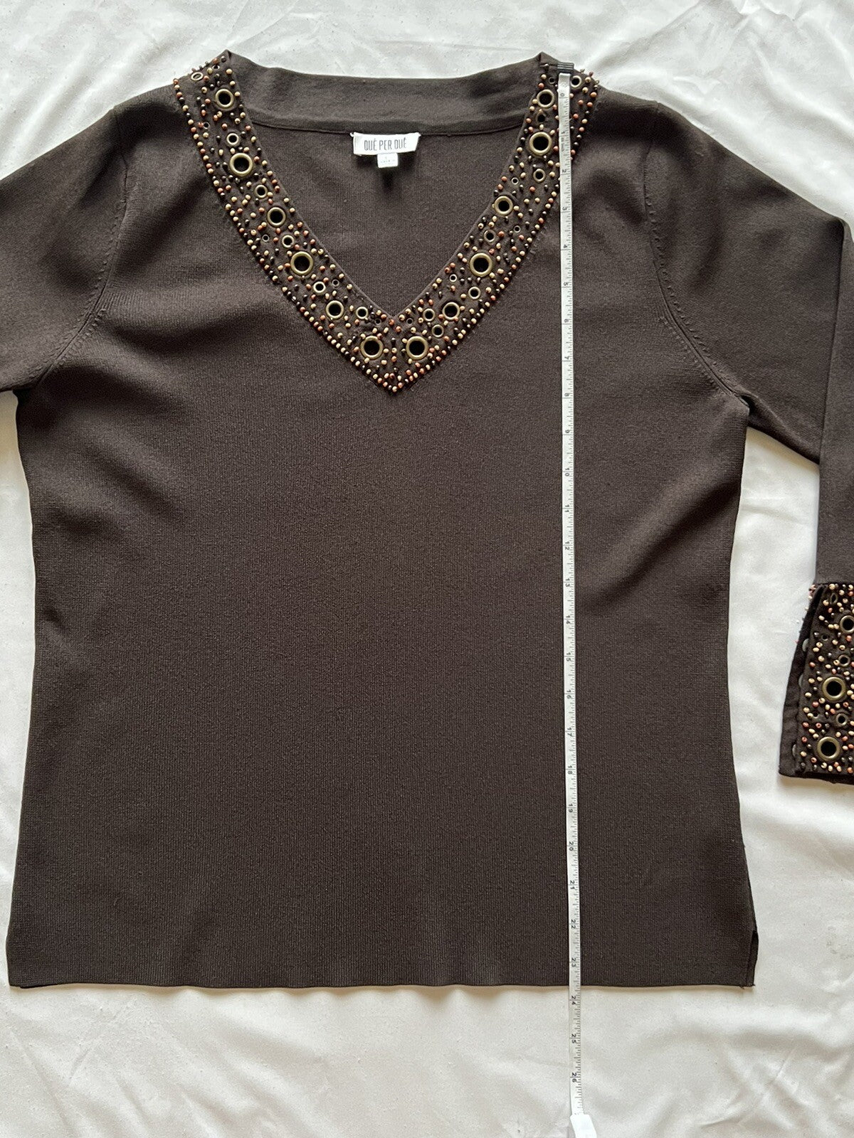 Que Per Due Women's Beads Sweater Sz L Brown Stretch