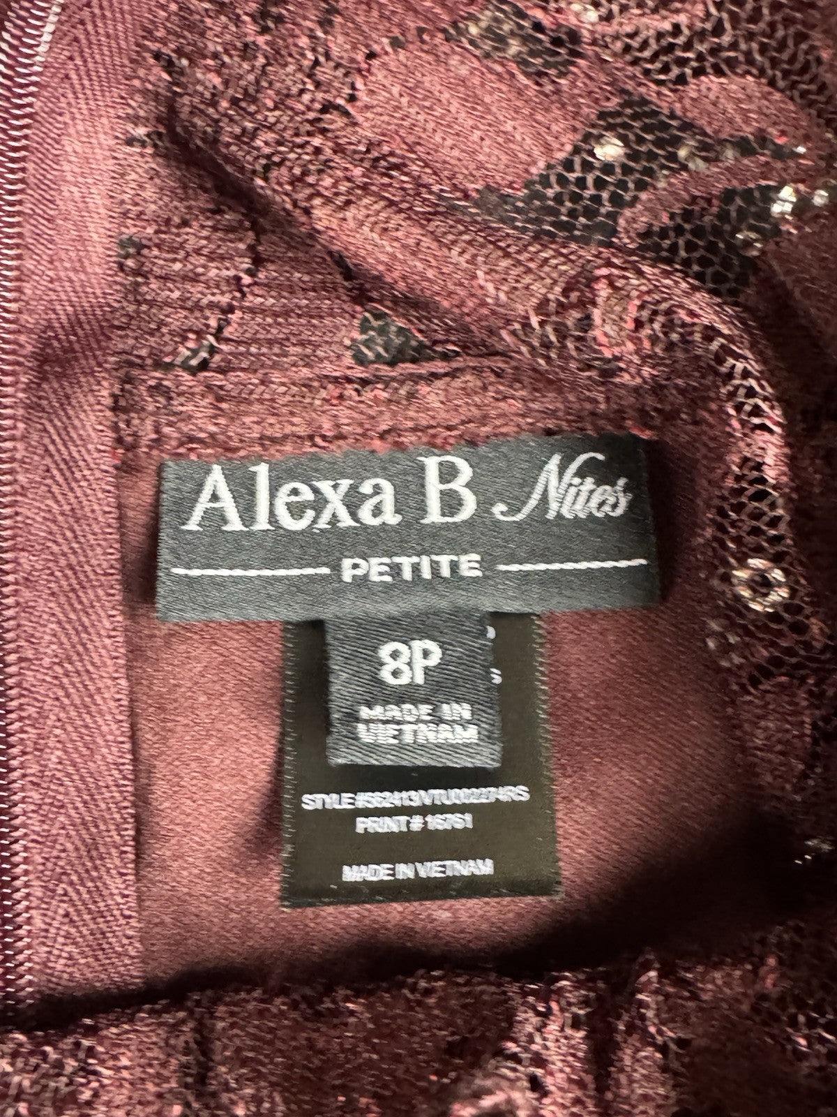 Alexa B Nites Maroon Lace Dress Size 8.  (B.99)