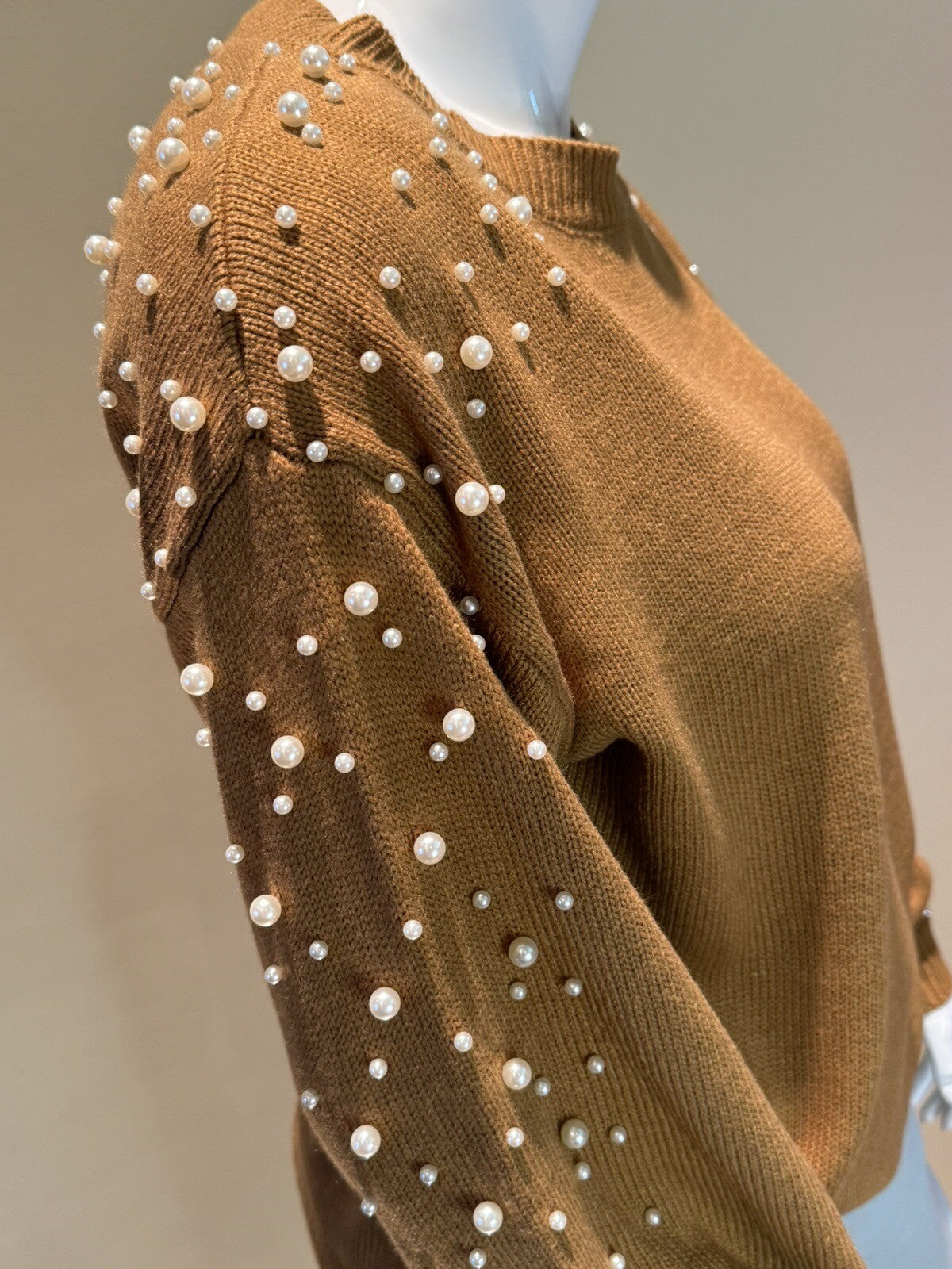 Blooming Jelly Womens Brown Pearl Beaded Long Sleeve Sweater Size L (73)