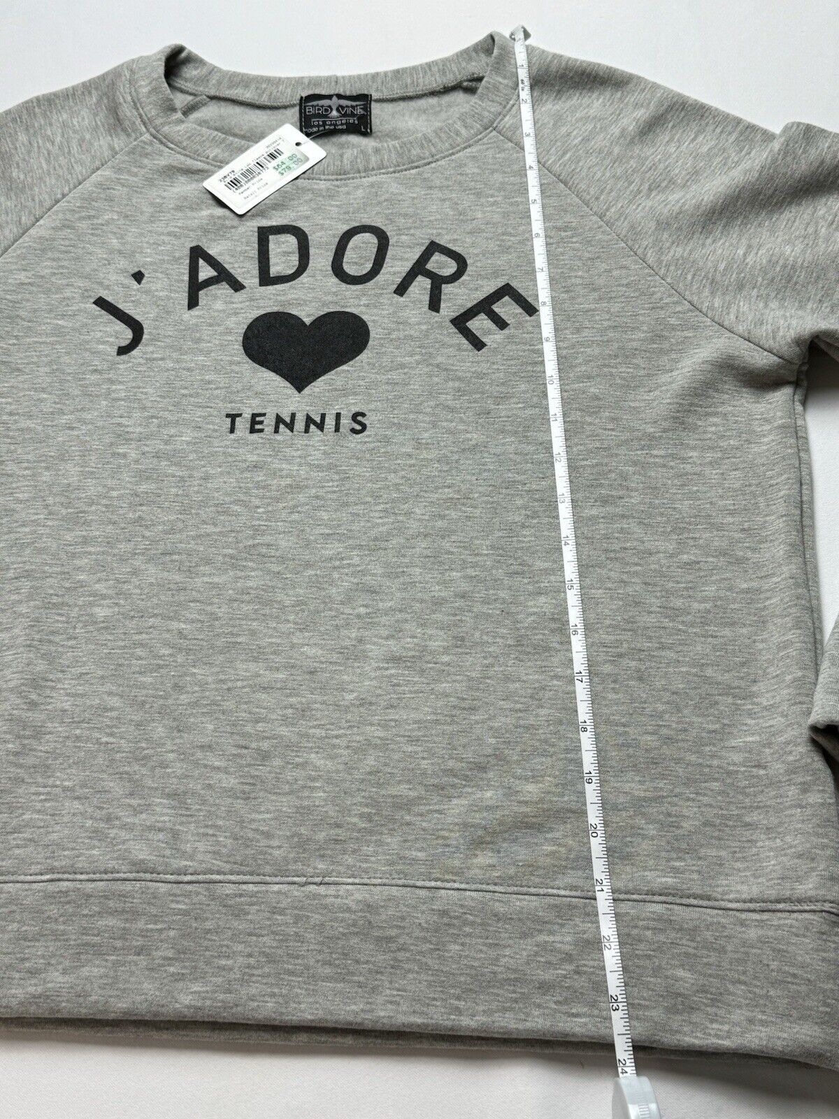 BIRD & VINE Los Angeles Women’s Sz L Gray Logo J’Adore Tennis Sweater.  (B,89)