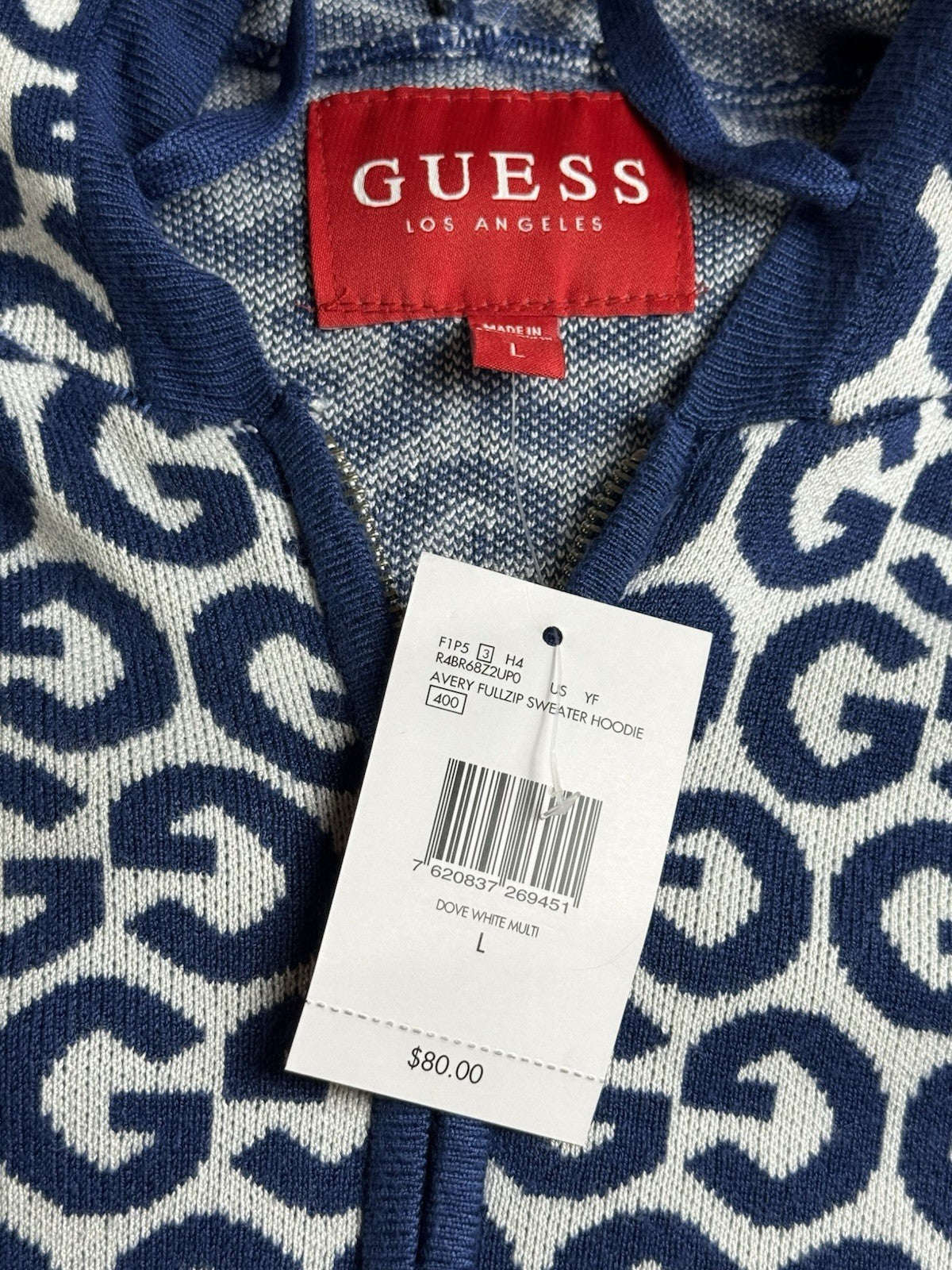 $80 GUESS AVERY FULL ZIP SWEATER HOODIE G Logo Sz L.      (B.032)
