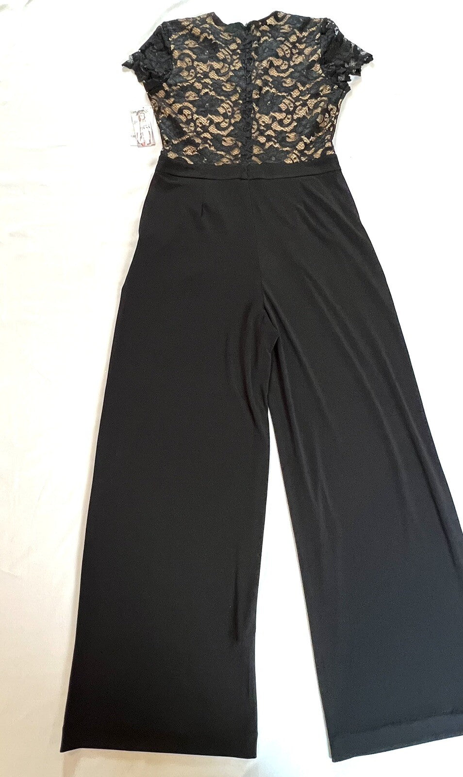 Karen Kane Women Black Stretch V-Neck Lace-Bodice Wide-Leg Jumpsuit Size S
