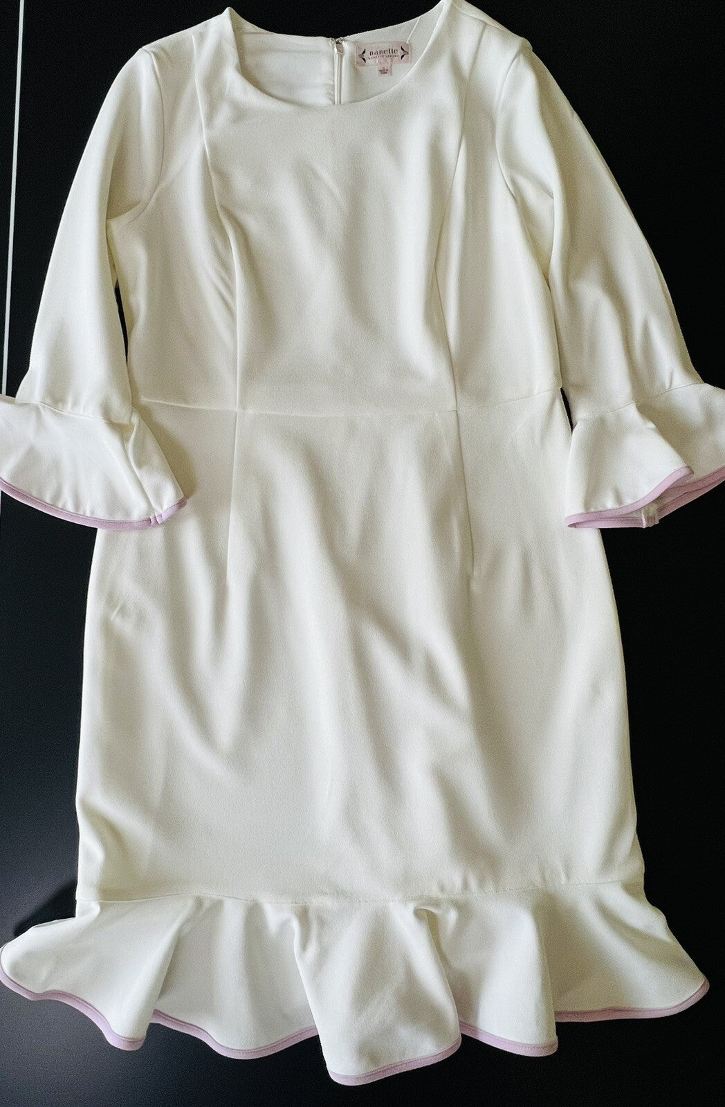 NANETTE LEPORE Ponte Dress BELLA DONNA Bell Sleeves Flounce White Sz 12