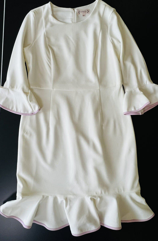 NANETTE LEPORE Ponte Dress BELLA DONNA Bell Sleeves Flounce White Sz 12
