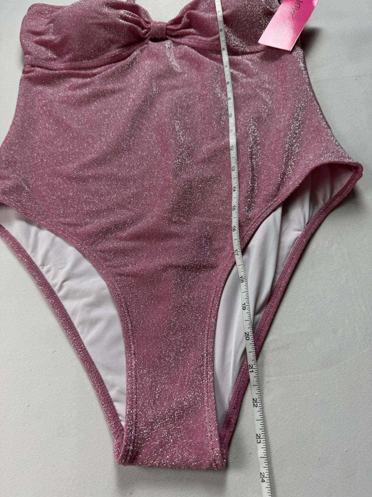 $128 BETSEY JOHNSON One Piece Pink Glittery Swimsuit Sz L. (B.150)