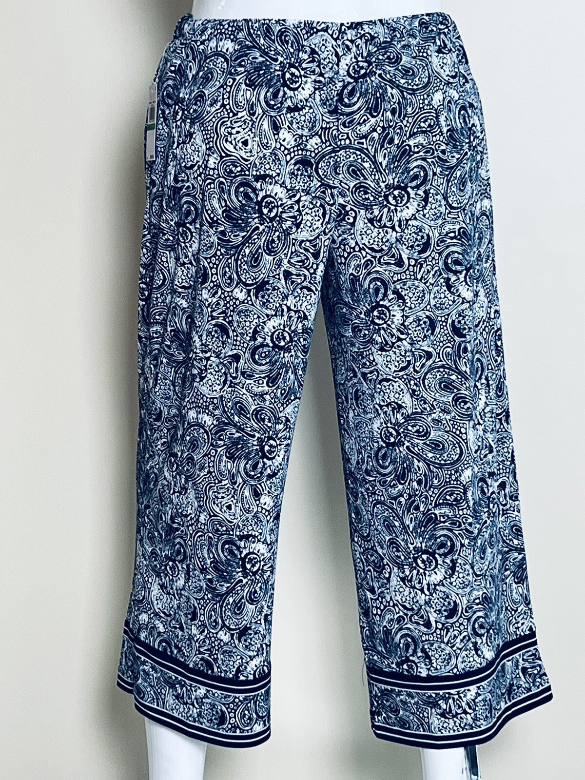 $98 Michael Kors Women’s Paisley Wide Leg Trousers Navy White Sz L  (B.01)