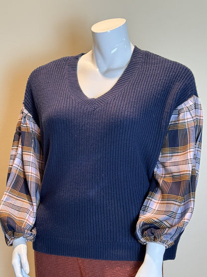 Jessica Simpson Women's Navy Sweater Plaid Sleeves Size L  (55)