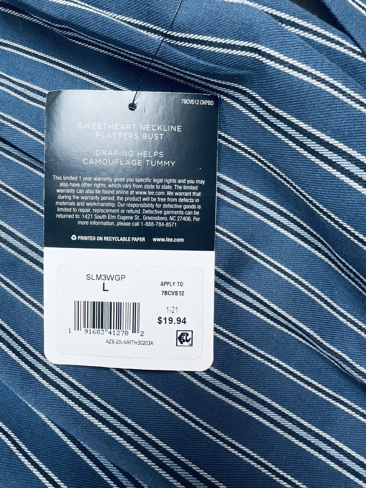 Lee Shape Illusions Women’s Blouse/Top Sz L Blue White Striped
