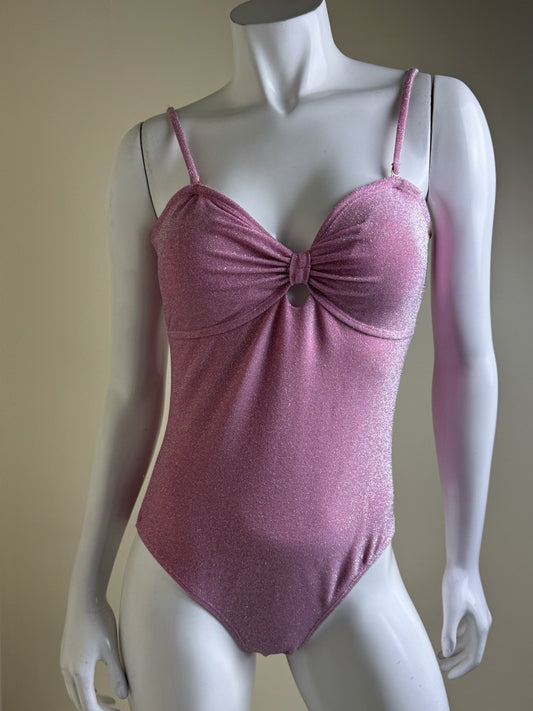 $128 BETSEY JOHNSON One Piece Pink Glittery Swimsuit Sz L. (B.150)