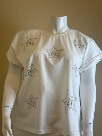 On Twelfth Women’s White Starts Rhinestone Shirt Sz 3XL.        (B.161)