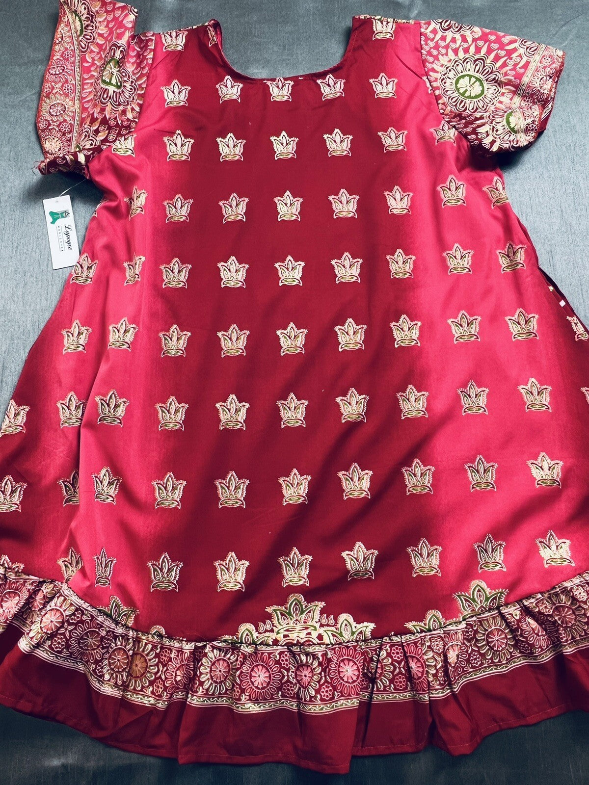 Lapogee Women’s Red Gold Print India Dress Sz XL