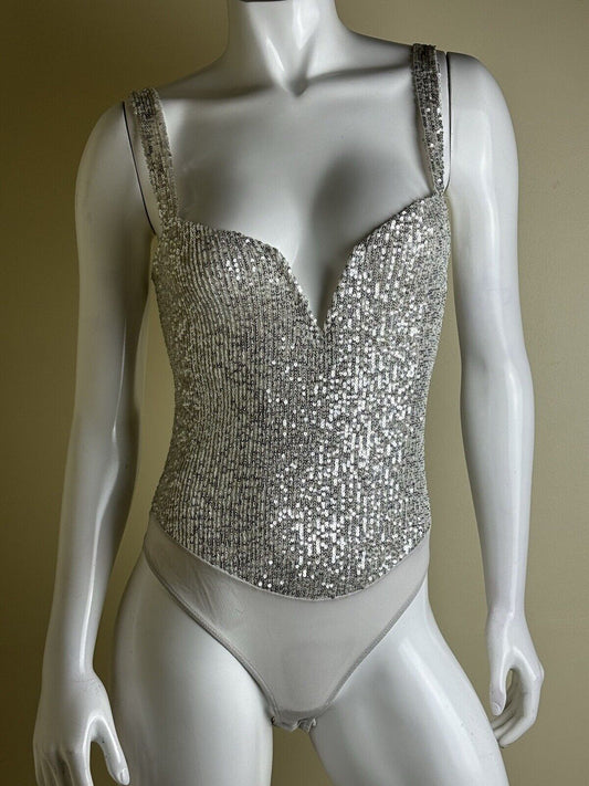 INTIMATELY FREE PEOPLE Sparks Gold Shimmery Sequin Bodysuit Sz M  (B.79)