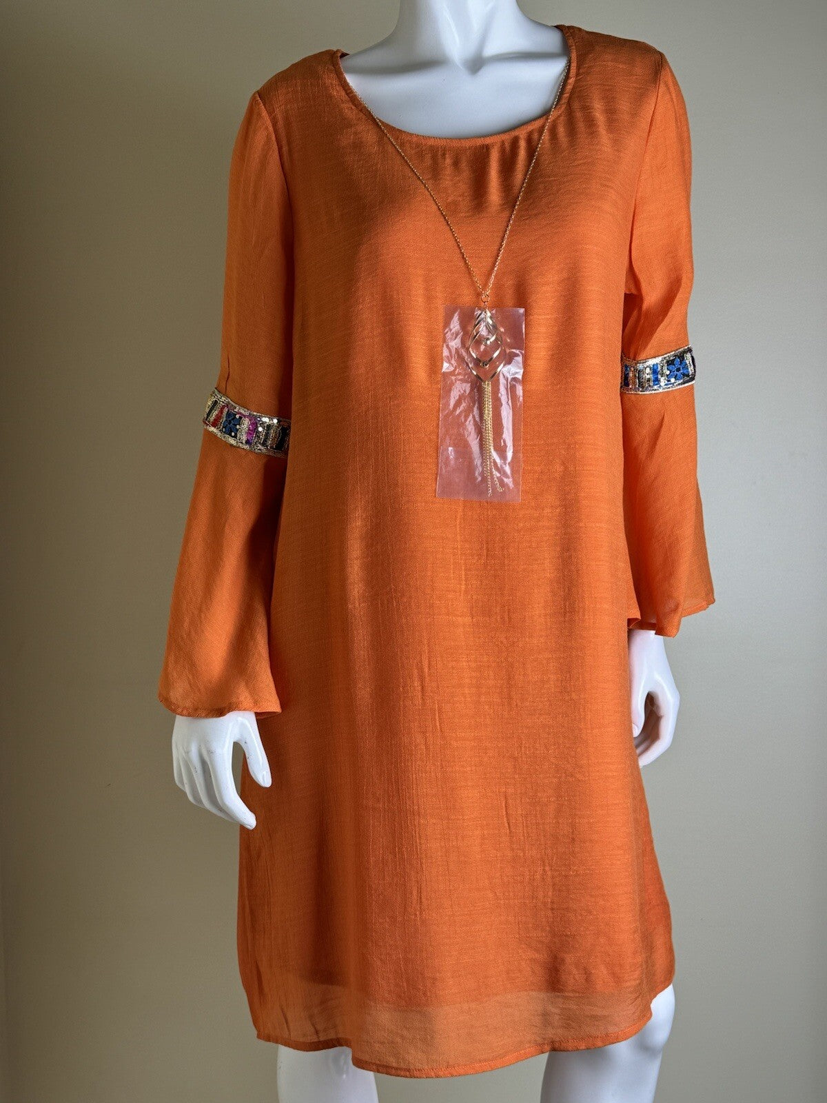 Tacera Women's Orange Dress with Necklace Sz M. (78)
