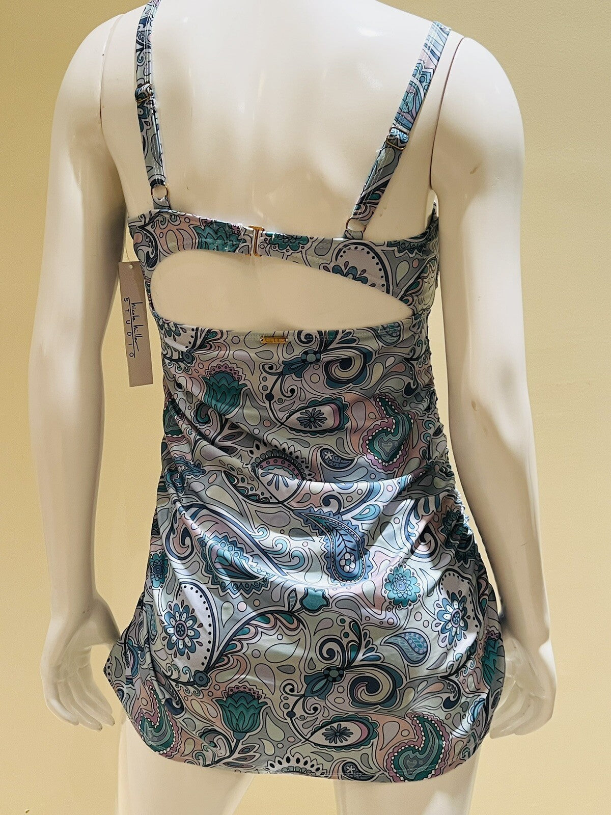 $98 Nicole Miller One Pc Swimsuit Paisley Print Sz S Blue Gray
