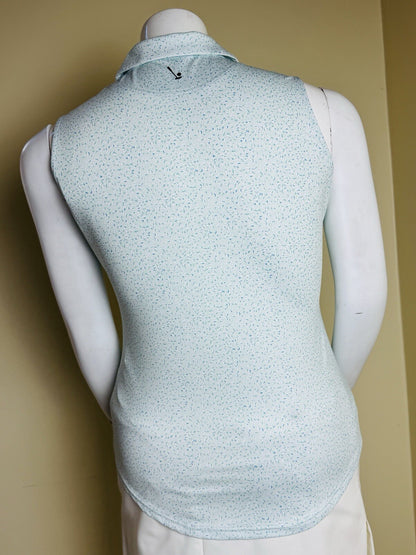 Back view of 2 Putt abstract-print polo with small golf emblem below collar