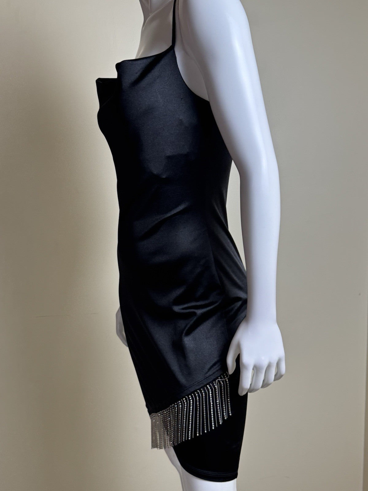 Inspired Hearts Women’s Black Satin Dress w Crystals Sz L.     (B.183)