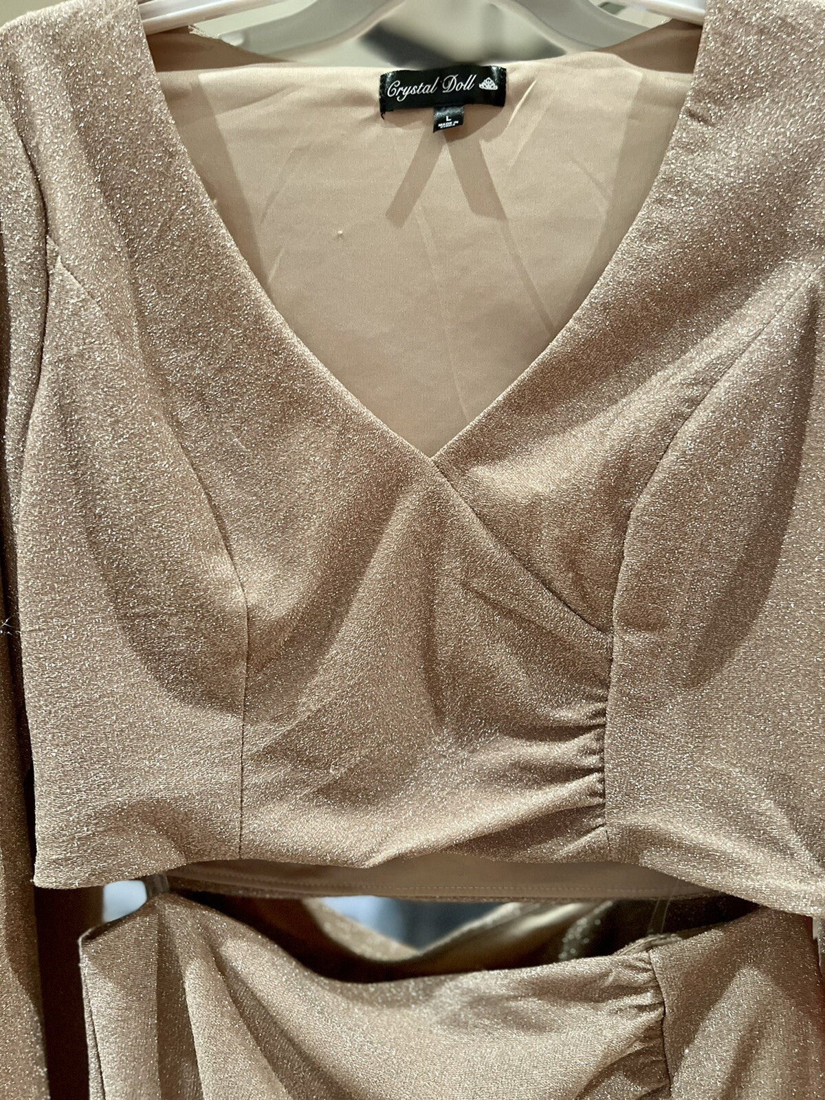 Crystal Doll Women’s 2 Piece Long Sleeve Top Skirt Sparkly Silver-Gold Size L