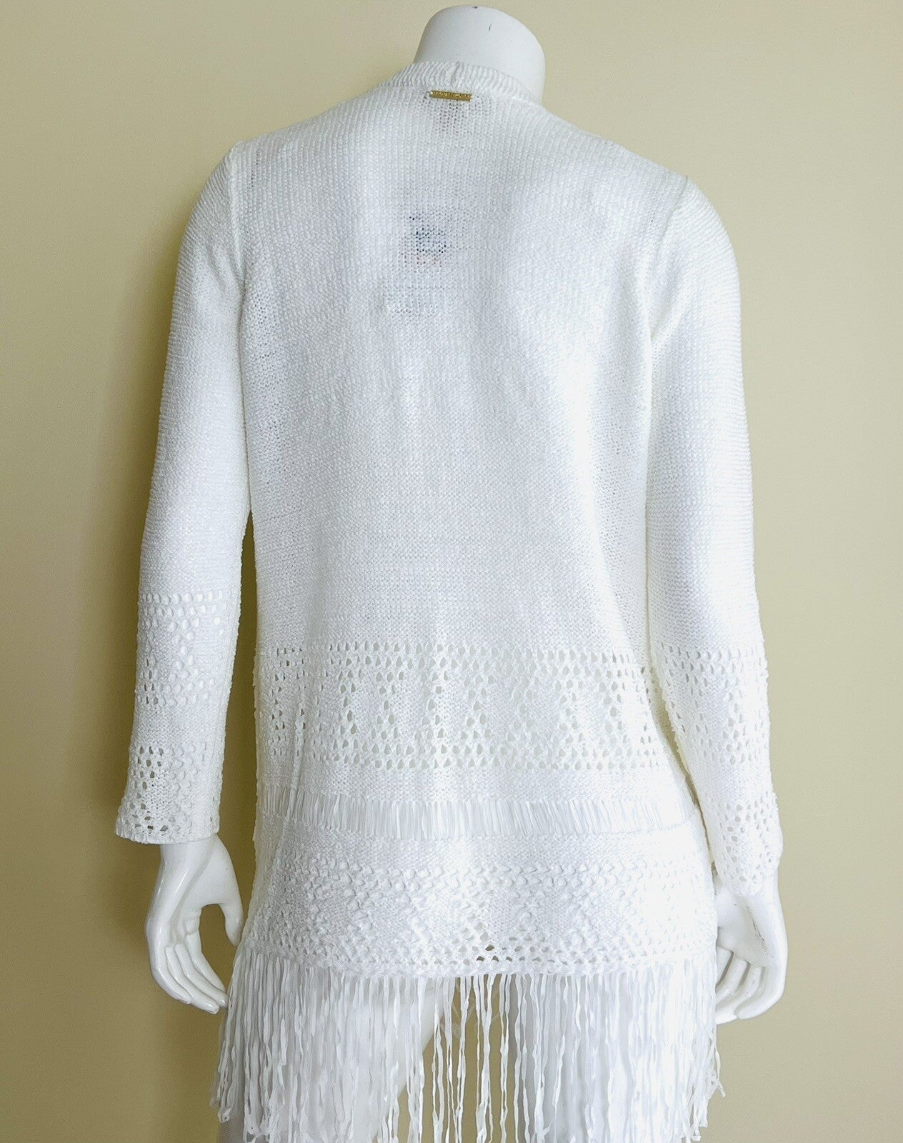 $130 Michael Kors White Crochet Fringe Open Front Cardigan Women’s Sz XS.  (B05)