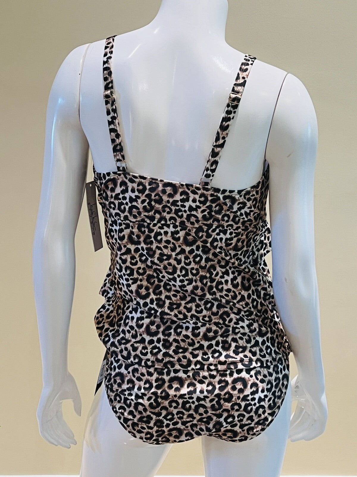 $98 Nicole Miller 2Pc Tankini Swimsuit Ruffle Tier Leopard Print Sz S