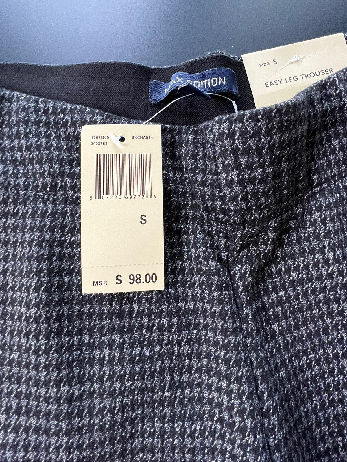 $98 MAX EDITION Women’s Pants Sz S Dark Gray Check Pattern