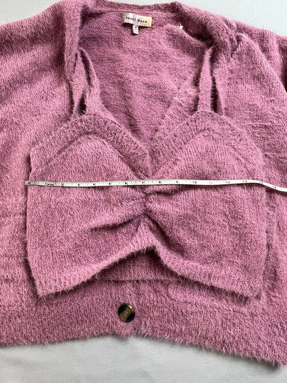 Hazel Moon Women’s 2pc Set Crop Top Cardigan Fuzzy Pink Sweater Sz M