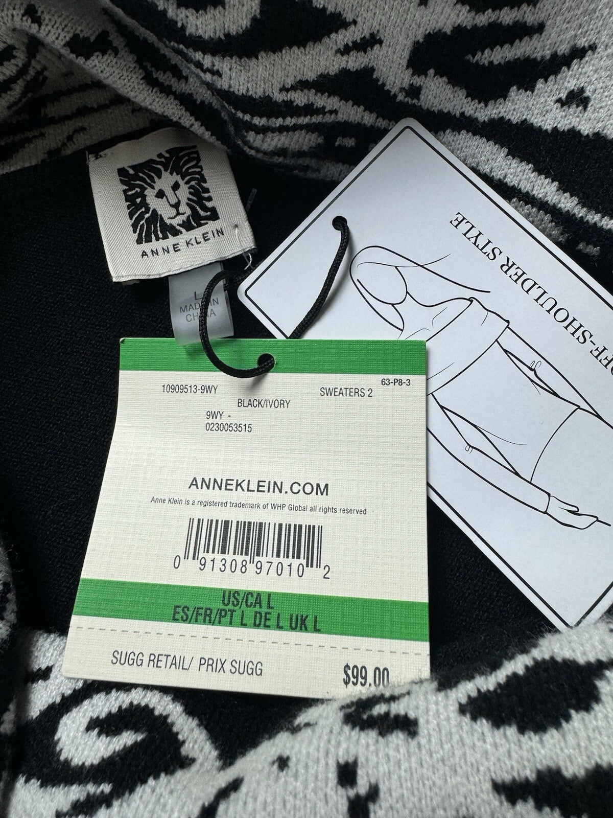 $99 Anne Klein Women's Black and White Off Shoulder Sweater Size L.    (B.116)