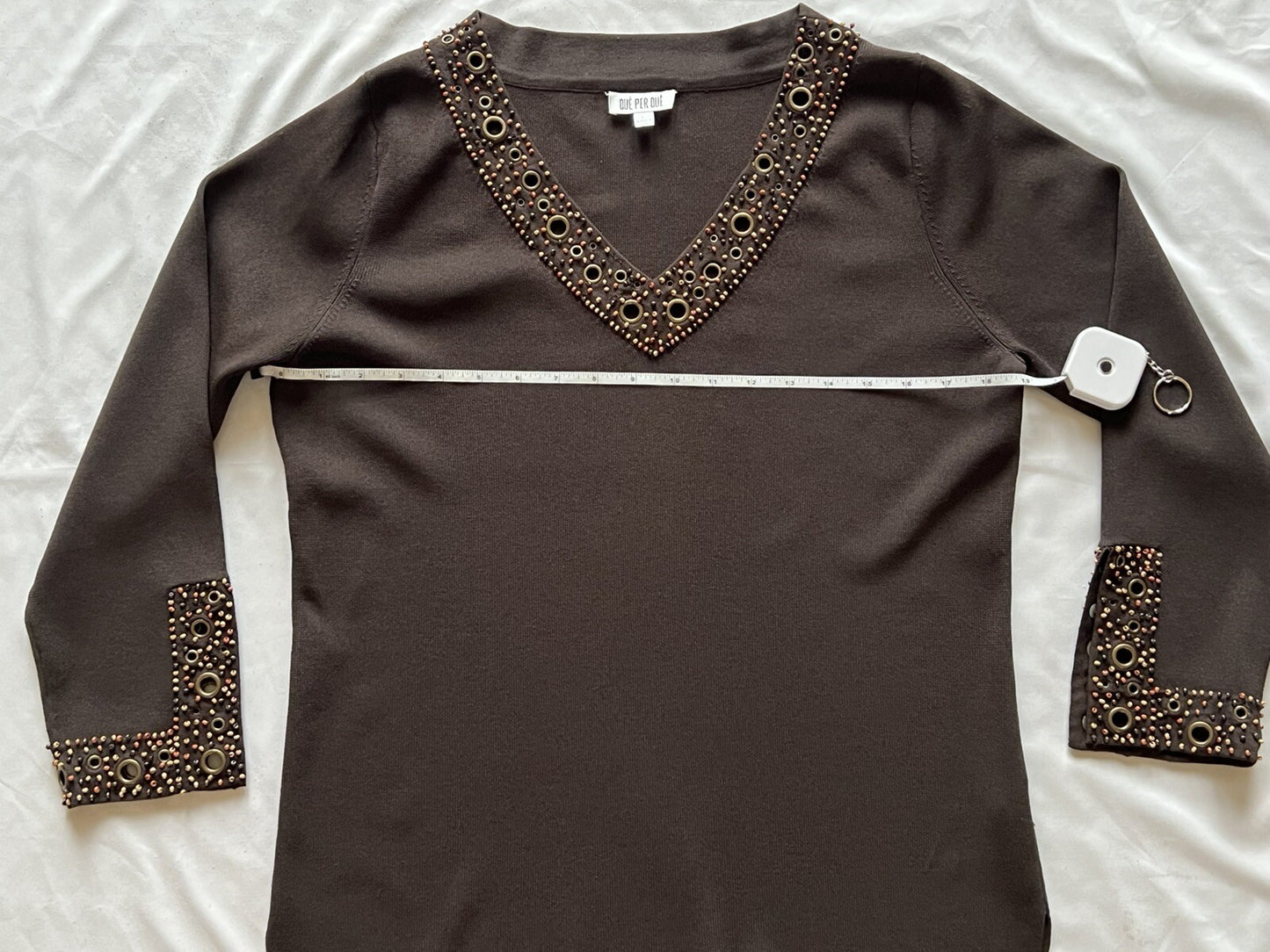 Que Per Due Women's Beads Sweater Sz L Brown Stretch