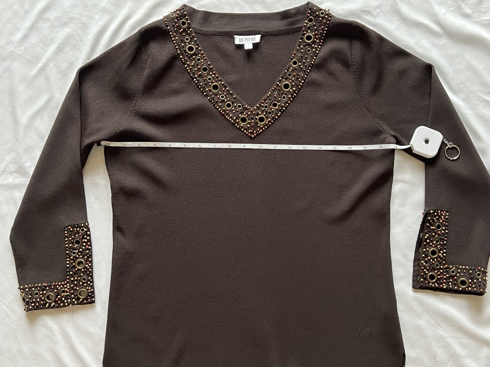 Que Per Due Women's Beads Sweater Sz L Brown Stretch