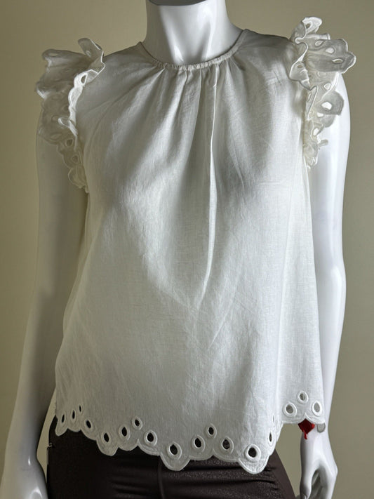 $245 Elie Tahari Women’s White Ruffled Sleeves Blouse Top Sz S. (B.85)
