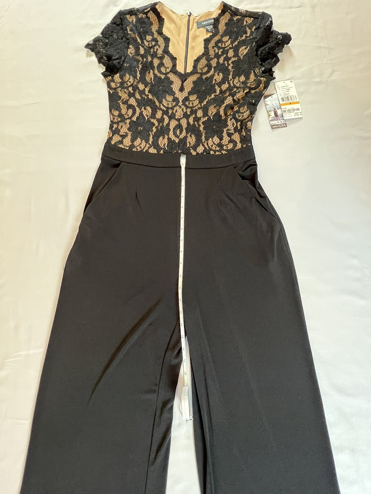 Karen Kane Women Black Stretch V-Neck Lace-Bodice Wide-Leg Jumpsuit Size S
